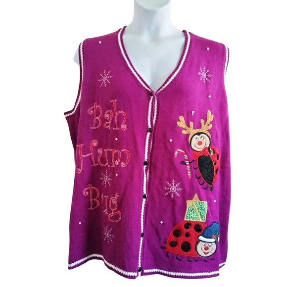 Bah Hum Bug Size 2X Knit Sweater Vest Ugly Christmas Embroidered Snowflakes - Picture 2 of 12